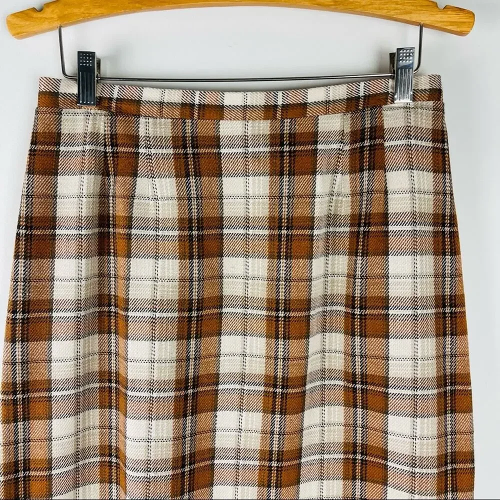 Vintage orange tan plaid preppy academia fringe midi skirt 12P - Picture 2 of 8